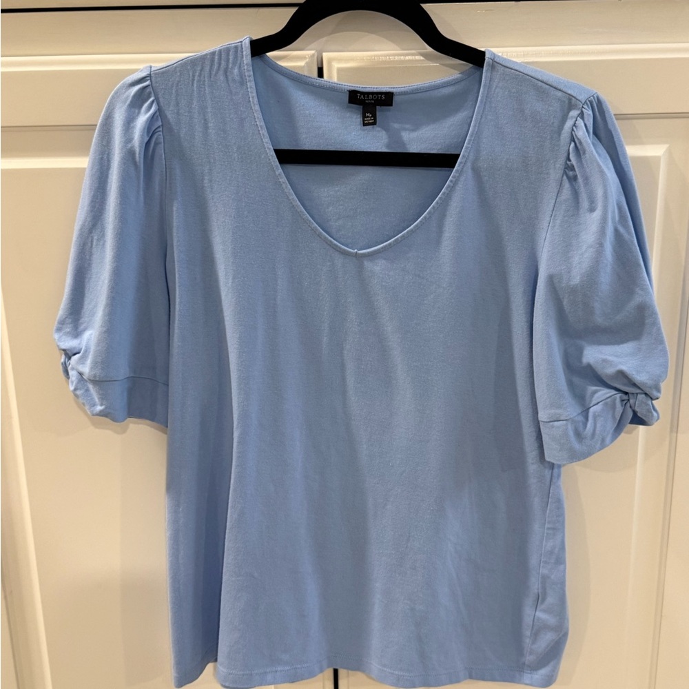 Talbots Blue Flutter Sleeve Blouse Relaxed Ruched